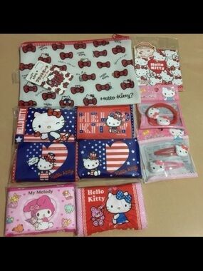 Hello Kitty Clear Pouch Bag, Tissues Accessories Bundle - Red, Pink, Blue, White